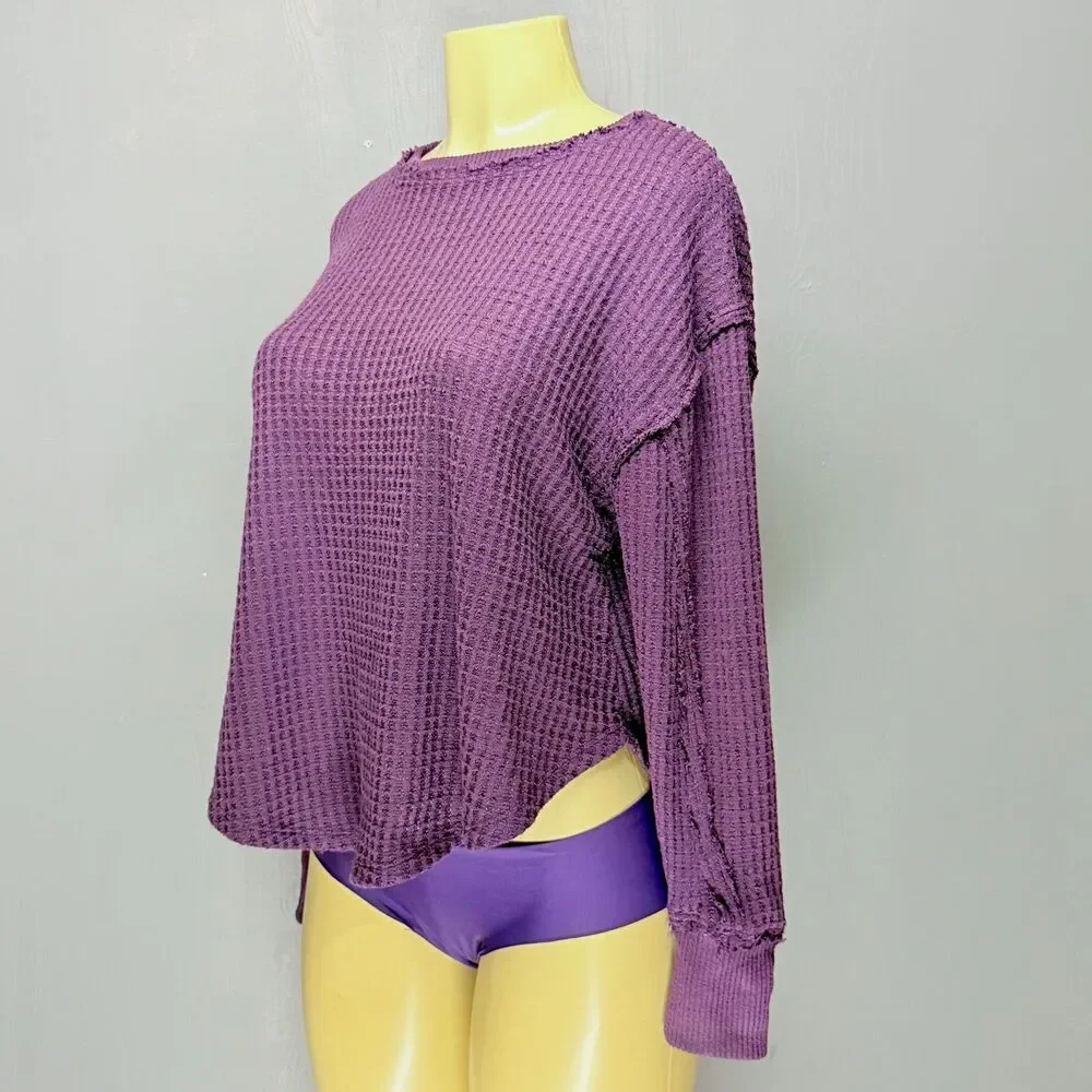 SO Waffle Knit Thermal Top | Purple Exposed Edge | Loungewear XS